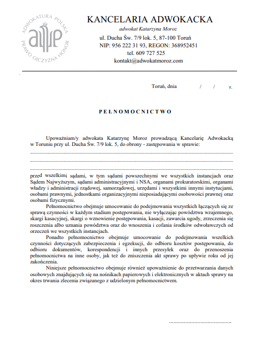 Pełnomocnictwo kancelaria Adwokacka Katrzyna Moroz