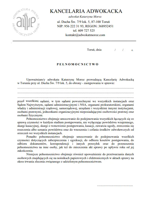 Pełnomocnictwo kancelaria Adwokacka Katrzyna Moroz